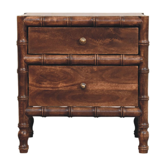 Brown bamboo-frame wood nightstand with two drawers and round metal knobs