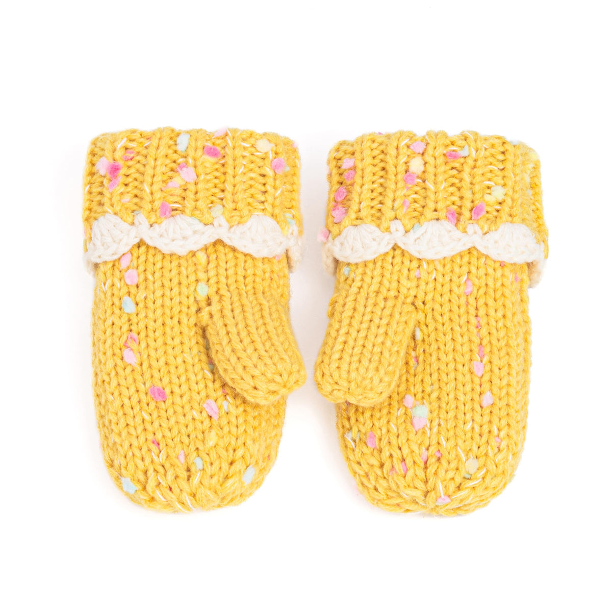 Pair of yellow knit mittens with colorful flecks and cream scalloped cuff trim.