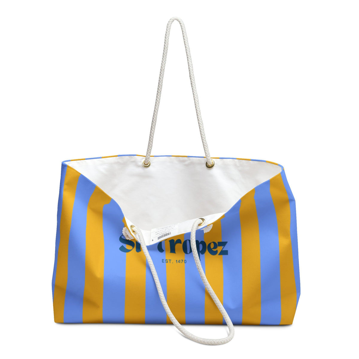 Striped beach tote with rope handles and front logo patch, blue and yellow