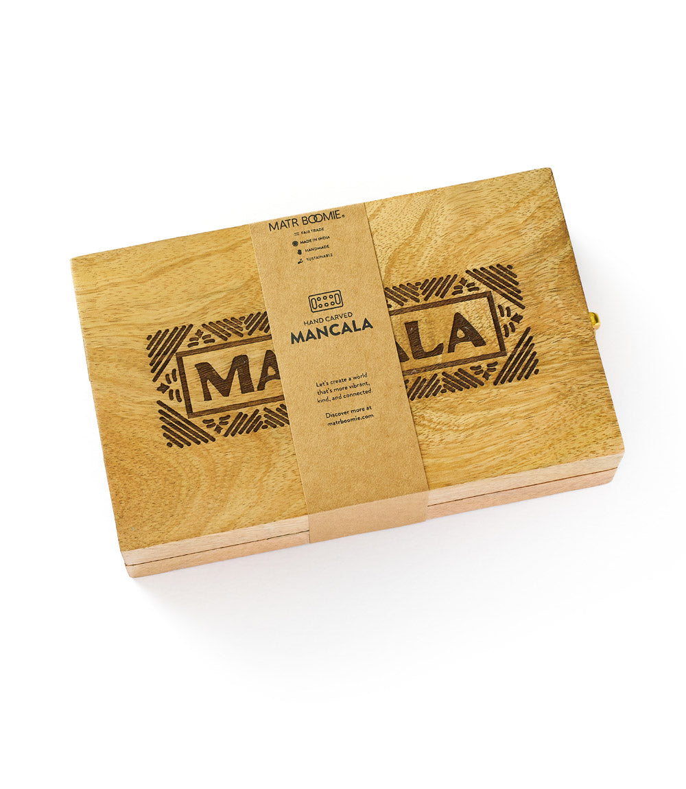 Mango-wood Mancala board case with carved logo panel and beige center label