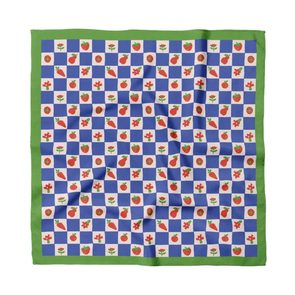 Cotton bandana with blue checker pattern, colorful fruit and flower icons, green border