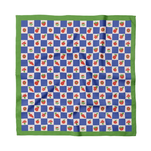 Cotton bandana with blue checker pattern, colorful fruit and flower icons, green border
