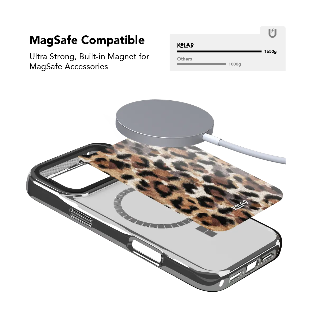 iPhone case with detachable tan cheetah-print panel and magnetic charging ring