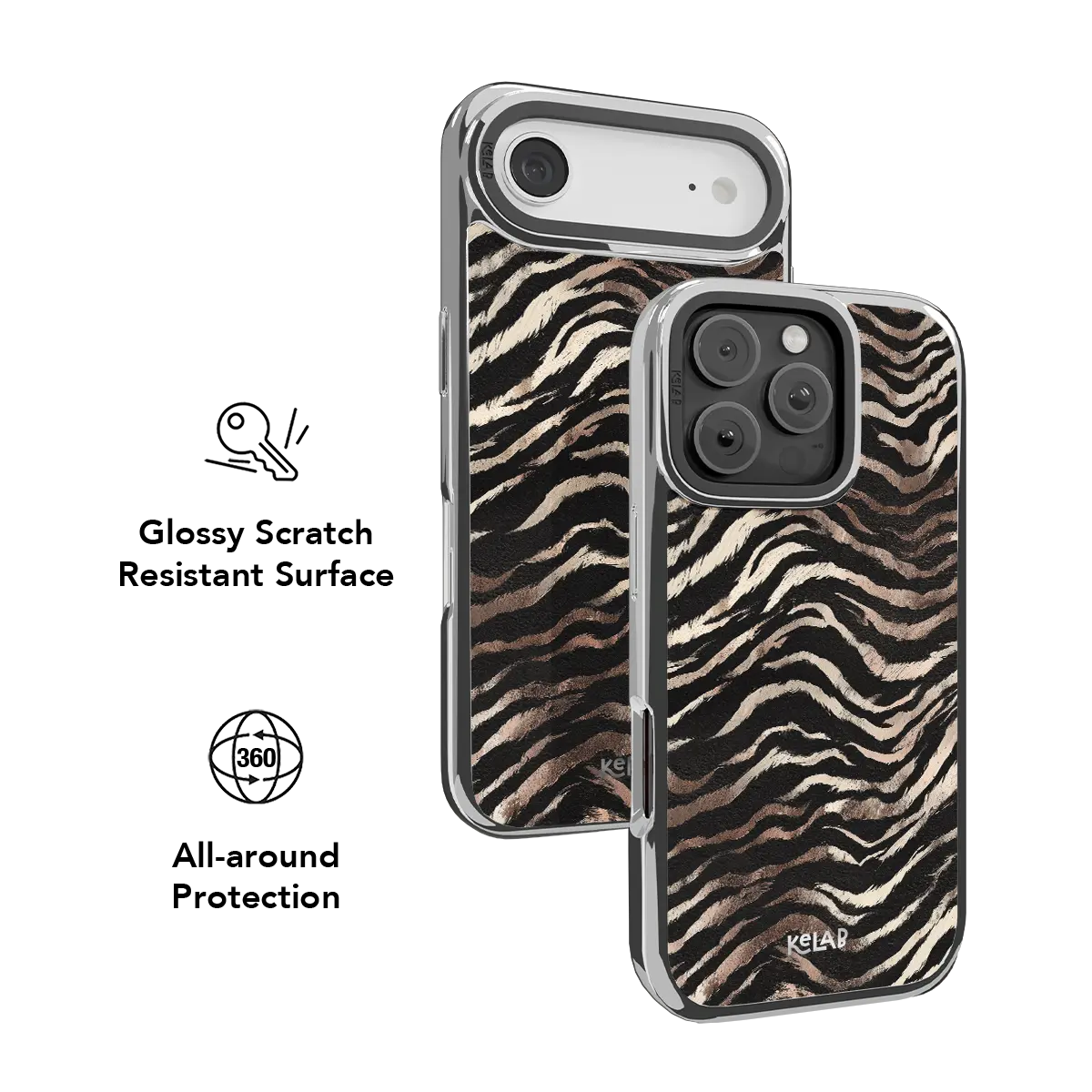 Two clear iPhone cases with zebra stripe design and different camera cutouts