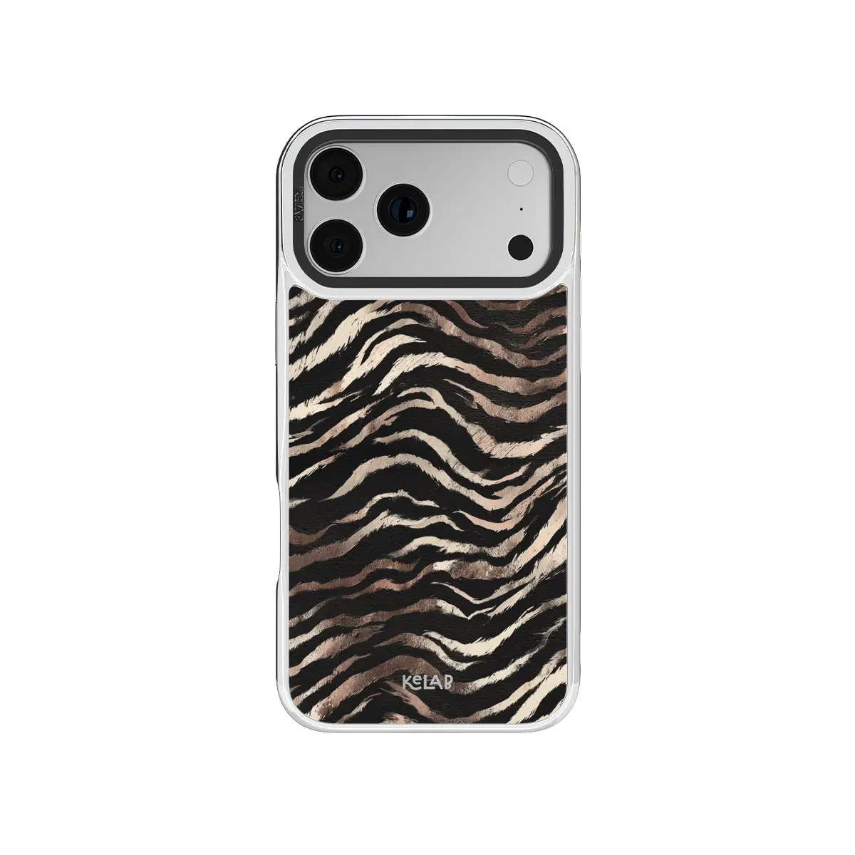 Clear iPhone case with black and beige zebra stripes