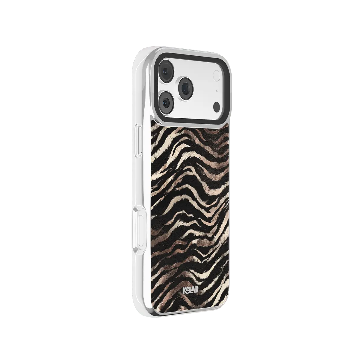 Angled view of a clear iPhone case with zebra stripes and protective raised edges