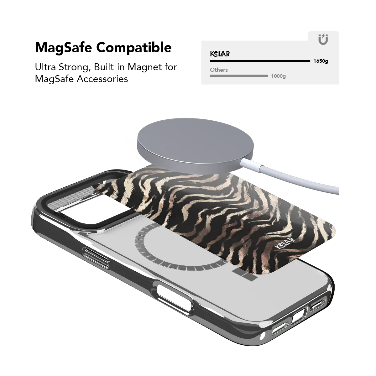 Zebra stripe iPhone case shown with magnetic charging ring and back panel separated