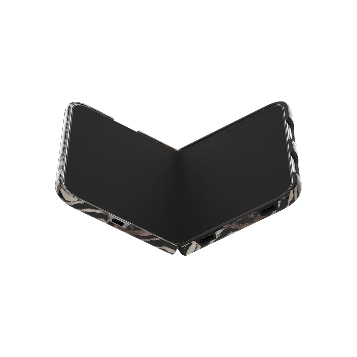 Zebra stripe phone case shown around an open folding phone