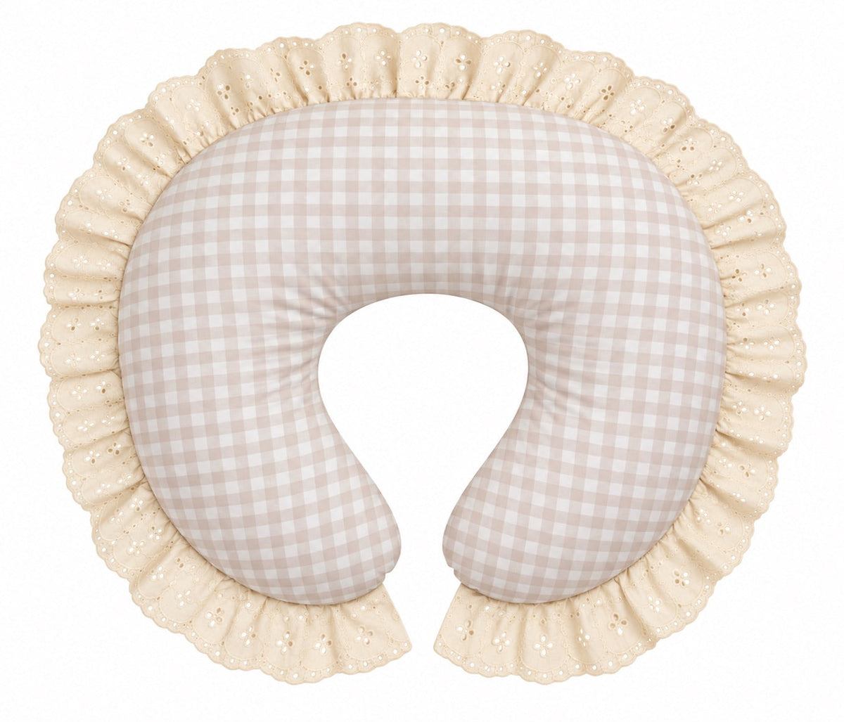 Nursing pillow cover with beige gingham and ivory eyelet lace ruffle