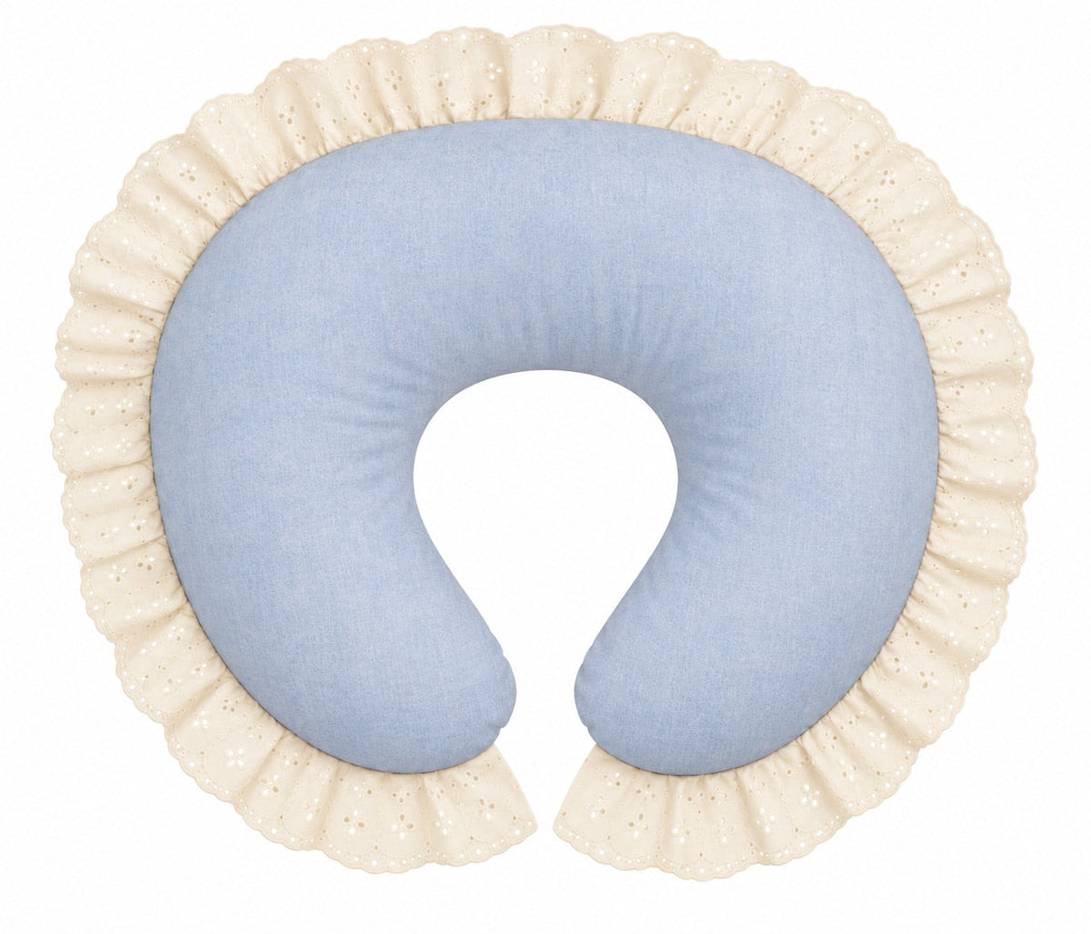 Light blue nursing pillow cover with ivory eyelet lace ruffle