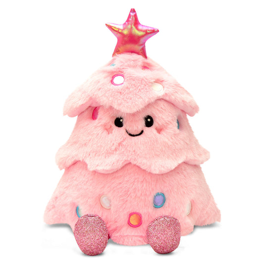 Pink plush Christmas tree with glitter star topper, smiling face, open arms and button eyes