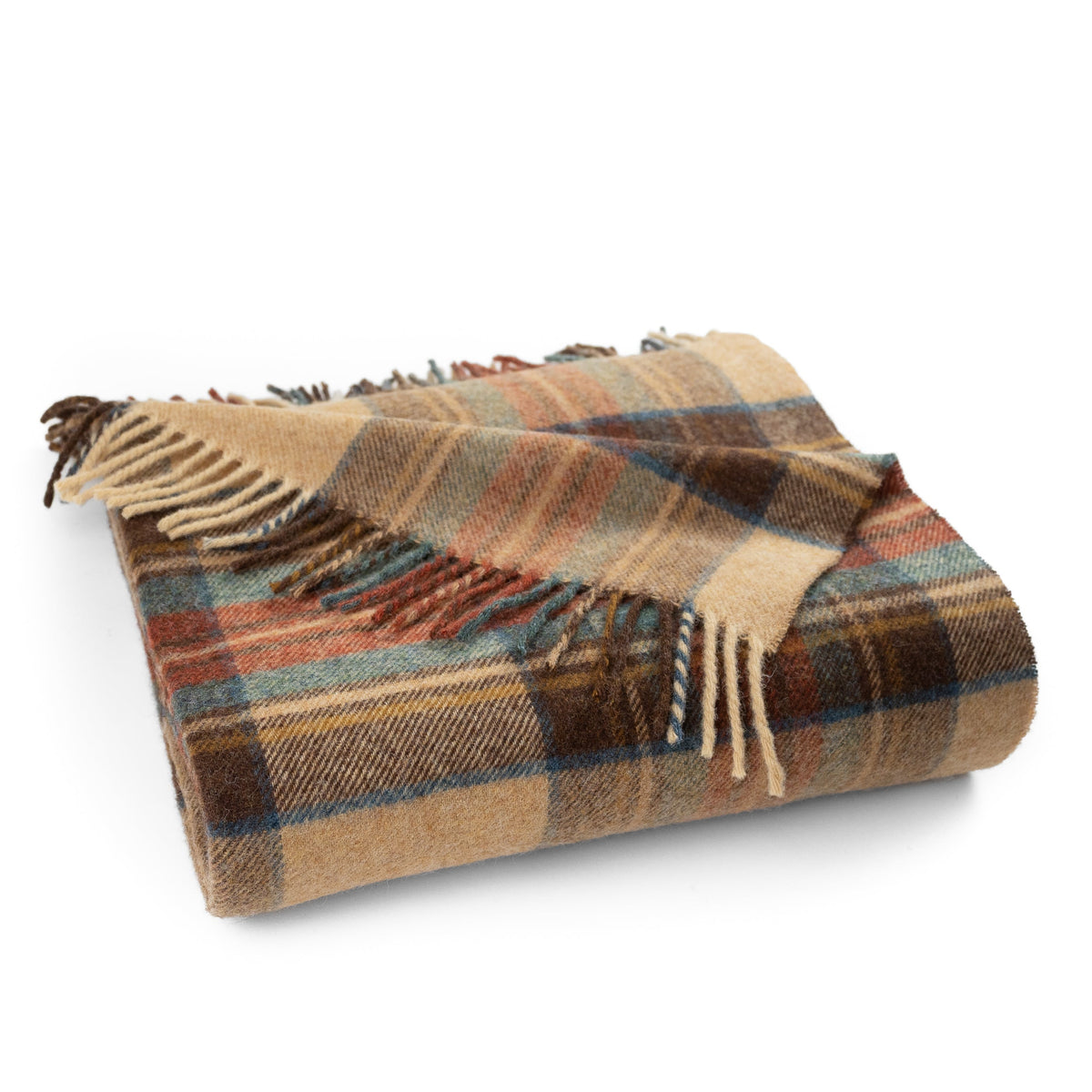 Plaid lambswool throw blanket with fringed edges, tan, brown, blue and rust tones.
