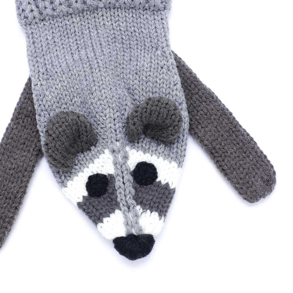 Kids raccoon scarf detail: grey knit raccoon head with black nose and paw patches