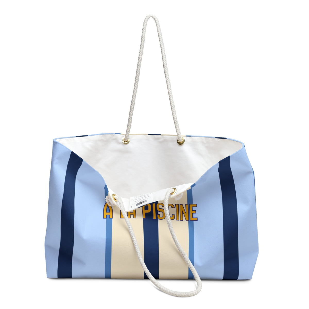 Oversized tote bag with rope handles and inner drawstring pocket, blue striped design