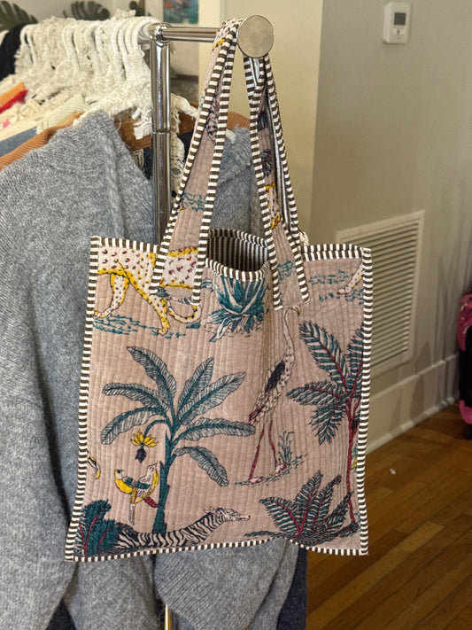 Almond quilted velvet floral tote bag with embroidered flowers and striped rope handles