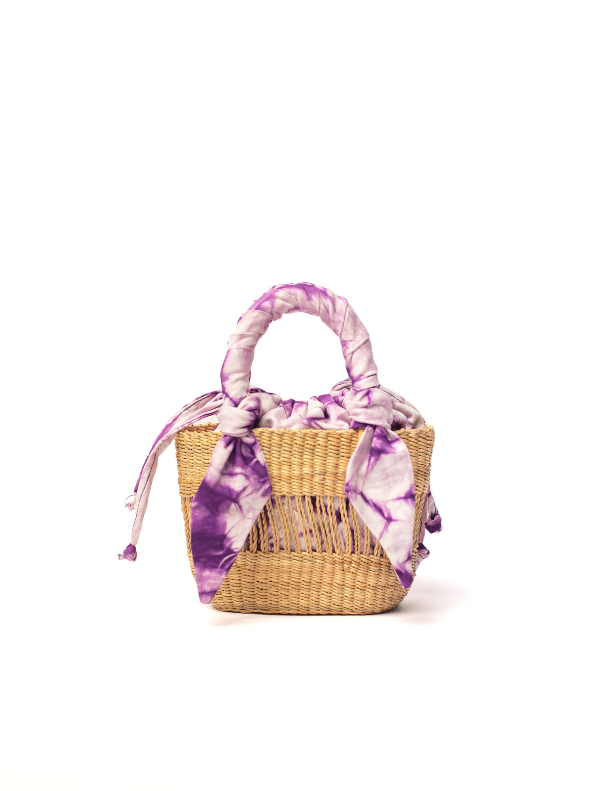 Mini woven straw bag with purple tie-dye scarf handles and drawstring pouch pocket