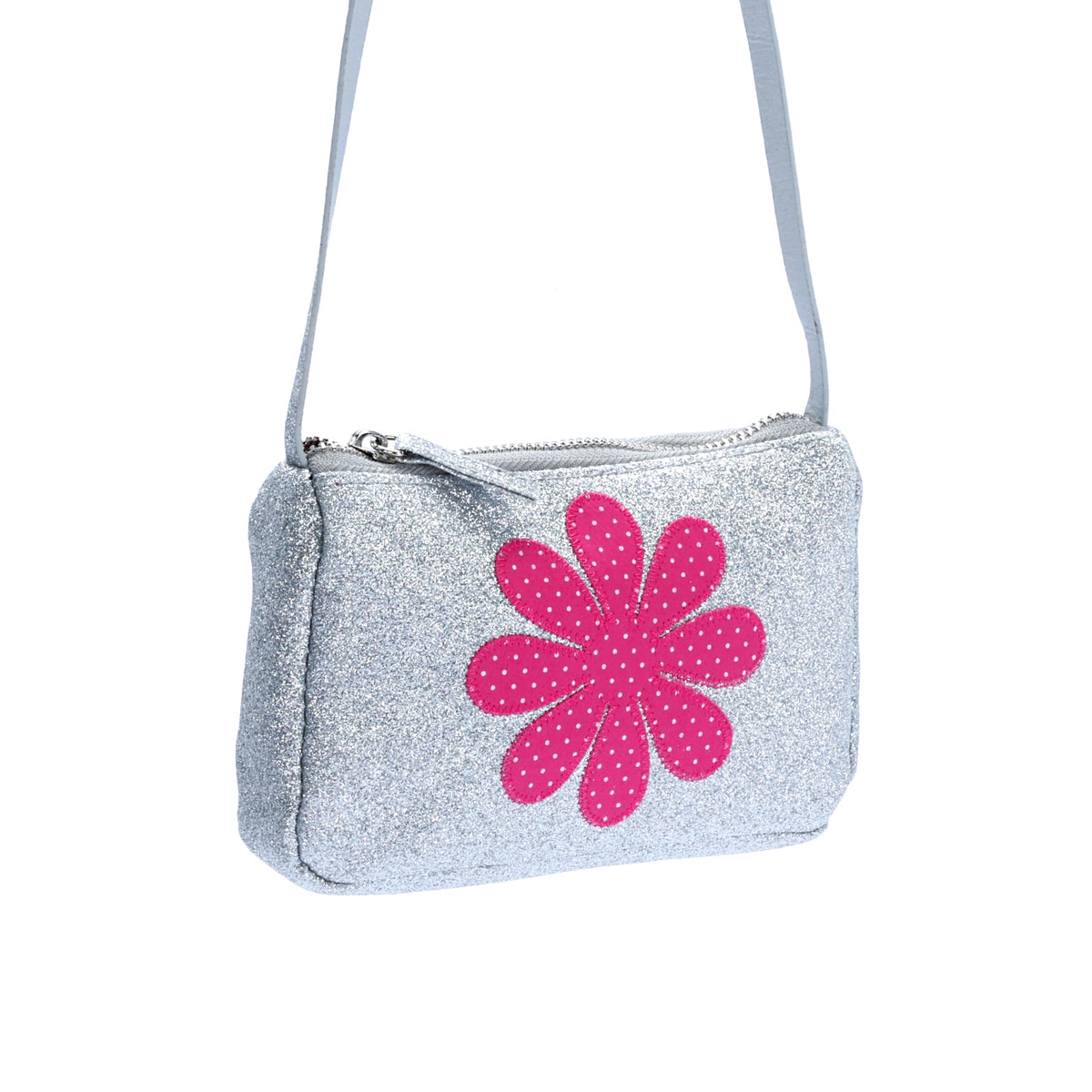 Silver glitter crossbody purse with pink flower emblem and shoulder strap