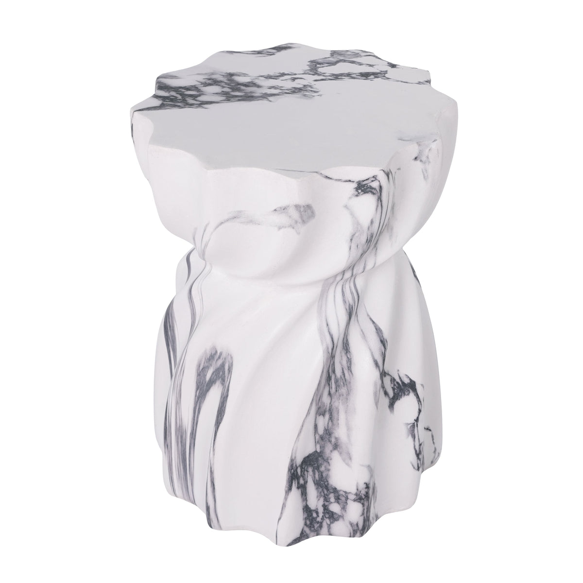 Marble-look side table shown from an angled view, with a sculpted twisted base