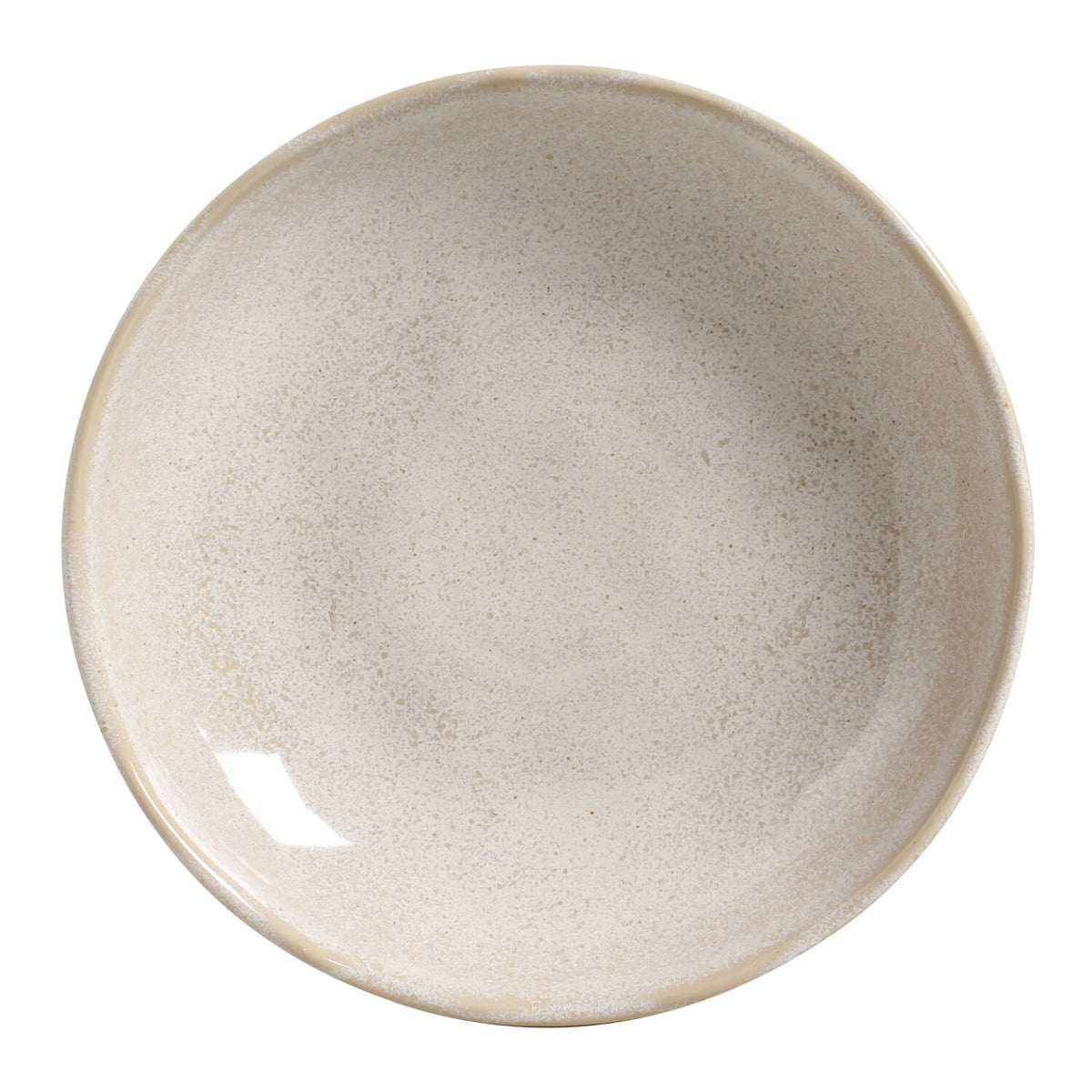 Light beige speckled glazed ceramic pasta plate, close-up round bowl
