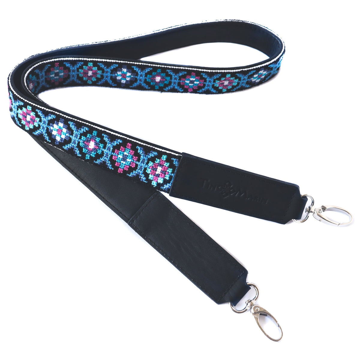 Mai woven bag strap with dark lining and blue/pink patterned webbing, metal rings