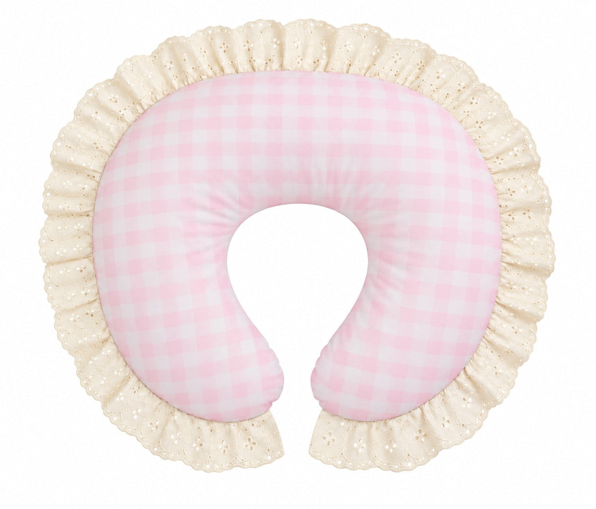 Nursing pillow cover with pink checkered fabric and ivory eyelet lace ruffle