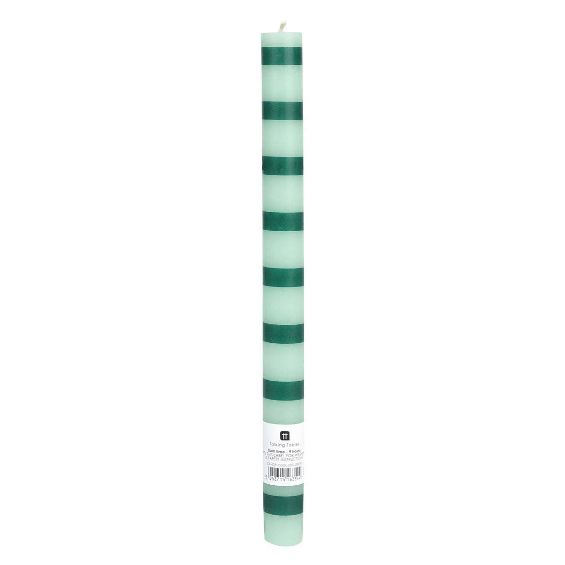 Unlit green and white striped dinner candle, full vertical view.