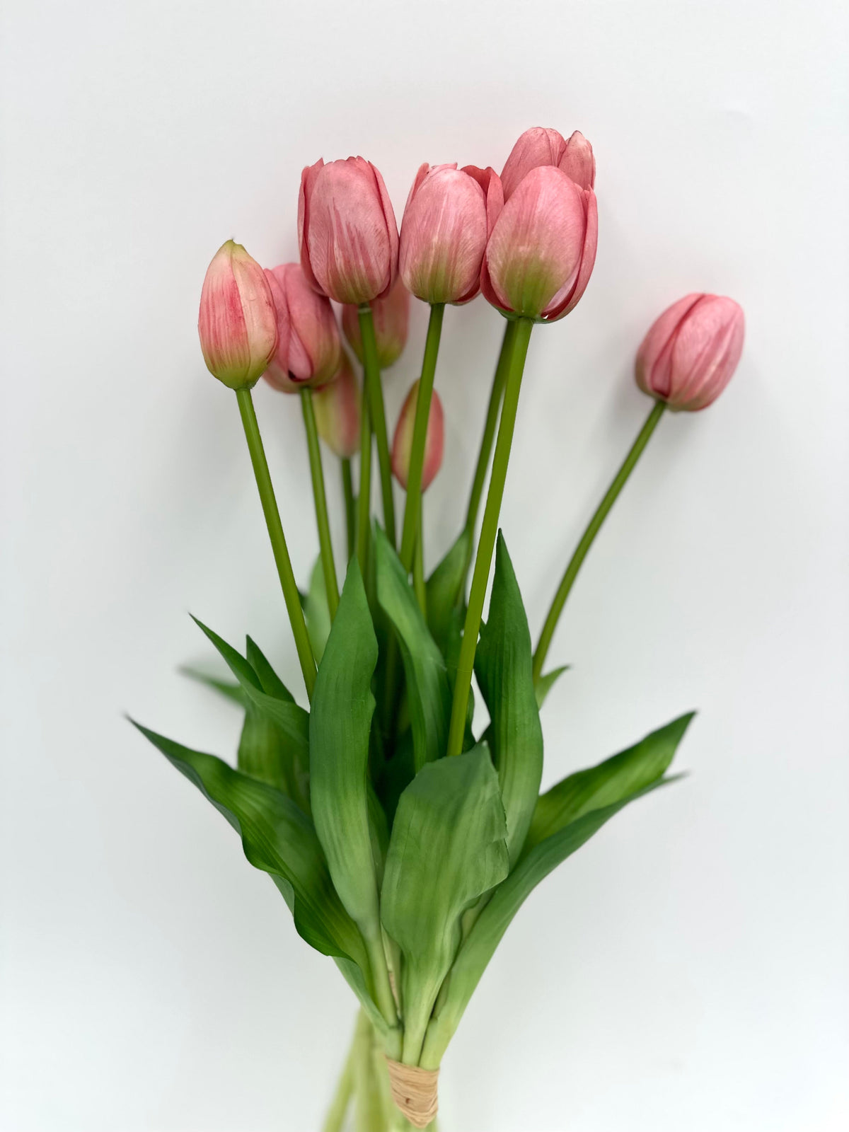 Artificial tulip stems bundle with rose pink blossoms and green leaves, 10-pack