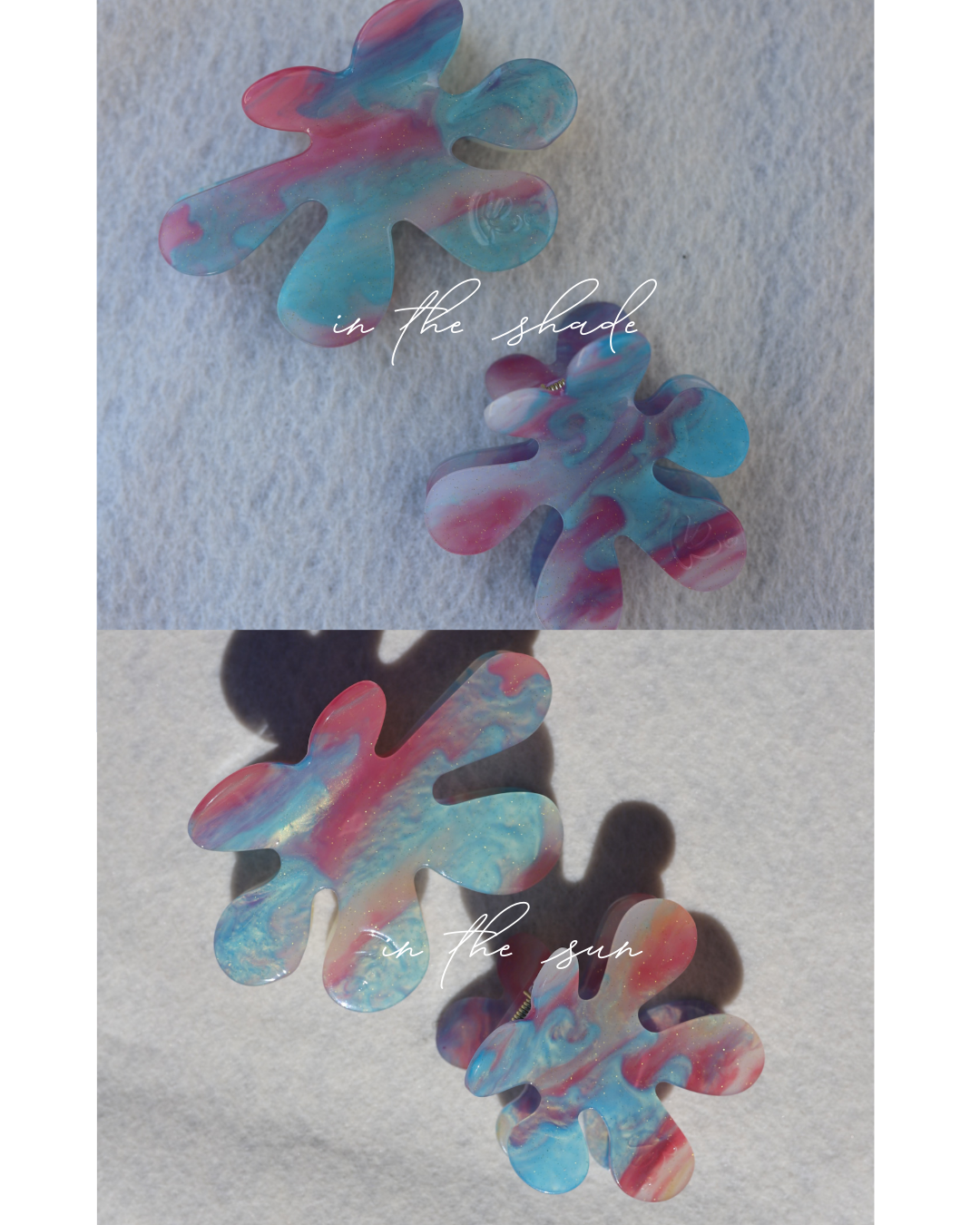 Color-changing translucent claw-shaped charms, turquoise and pink flower shapes
