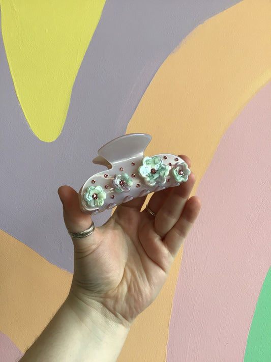 Appliqué flower hair claw clip in pale mint with floral embellishments