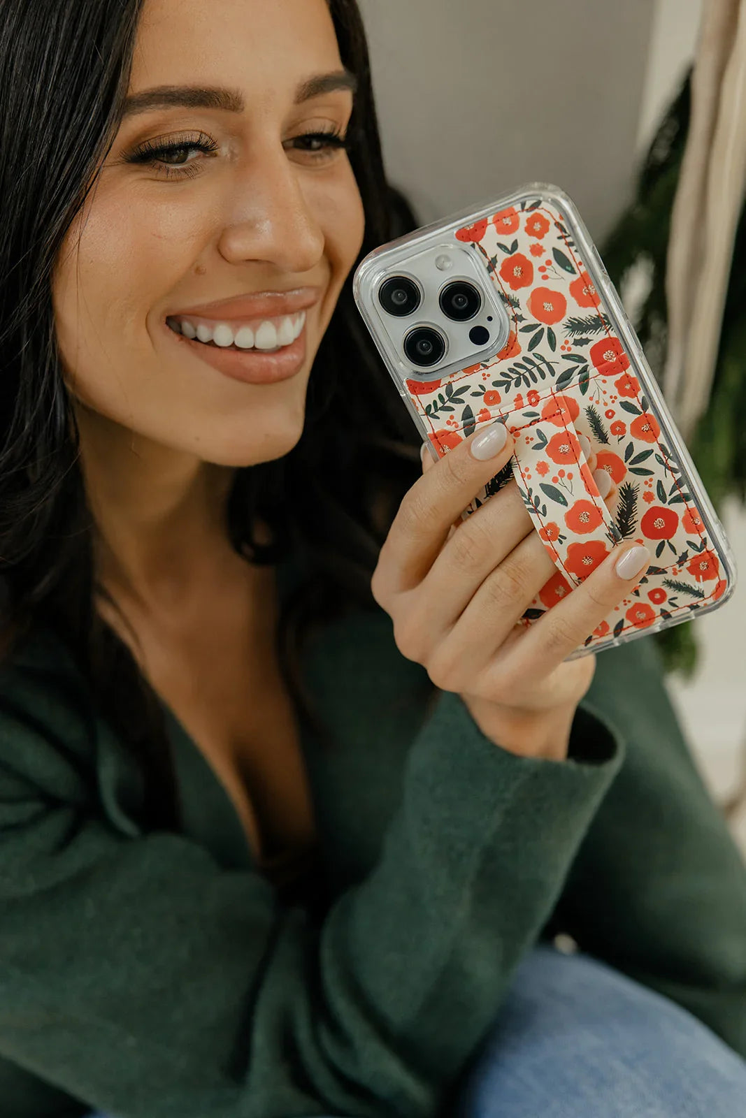 Floral phone case with red-and-white print and clear camera cutouts