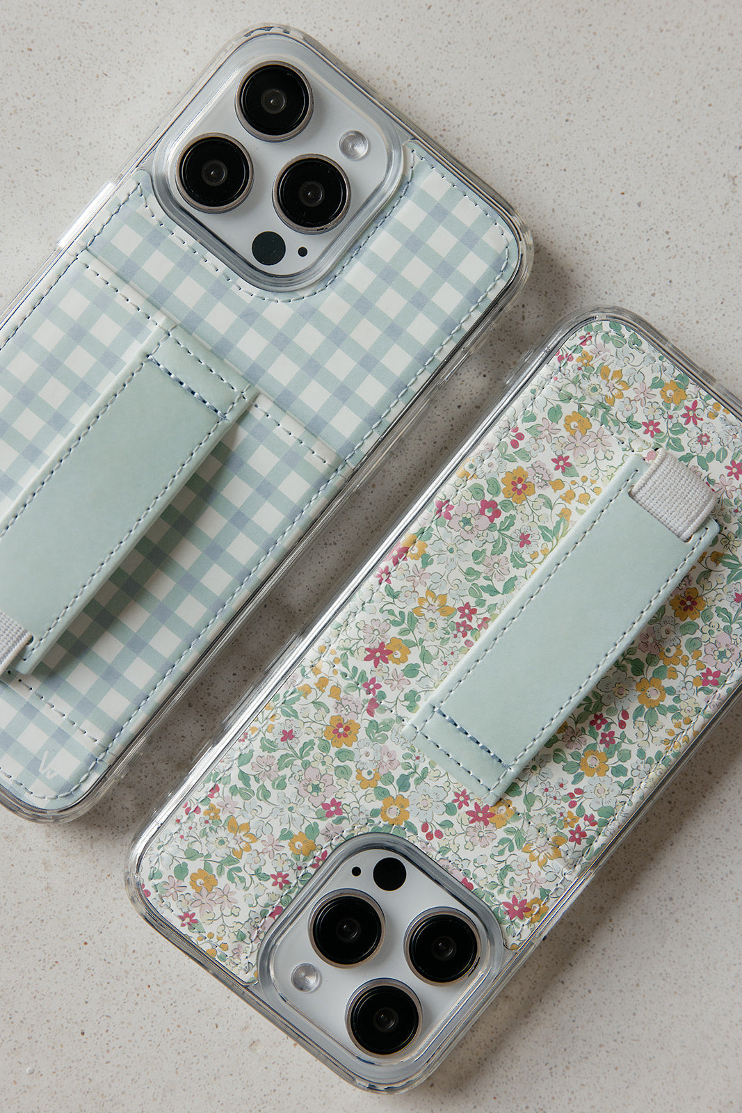 Petal Garden phone cases in clear floral design with light blue card holder
