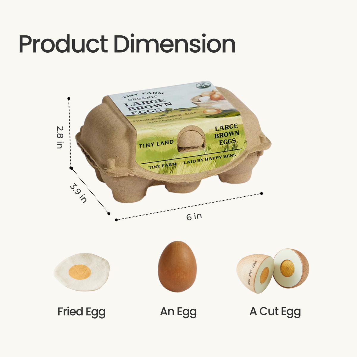 Wooden egg playset in a carton with whole, cut, and fried egg pieces; carton measures 6 inches wide.