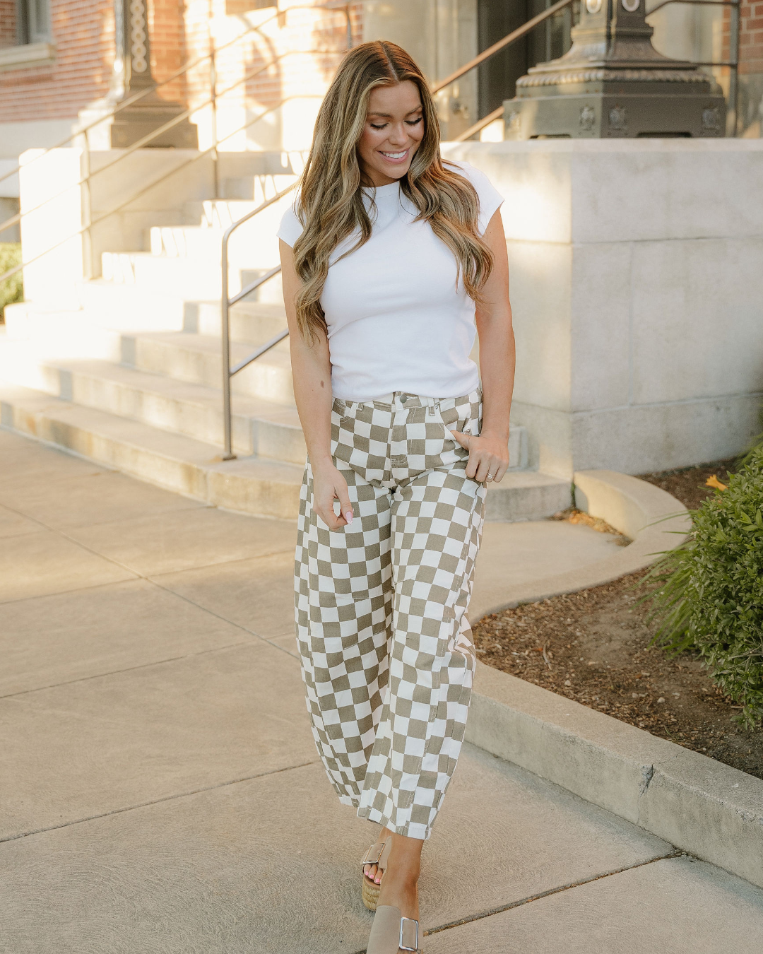 Checkered denim barrel pants in sage green and off-white, full-length front view