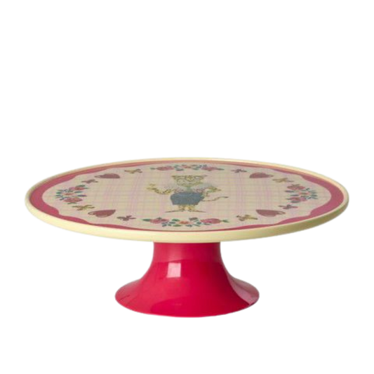 Low melamine cake stand with red pedestal base and round bird floral print top