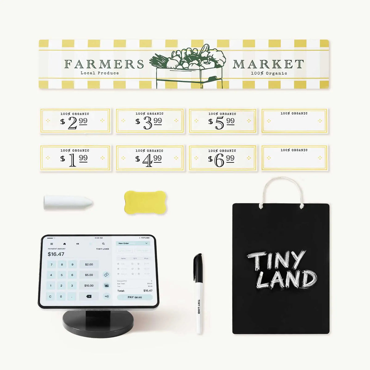 Grocery store playset accessories include market sign, price tags, toy register, chalkboard, and markers.