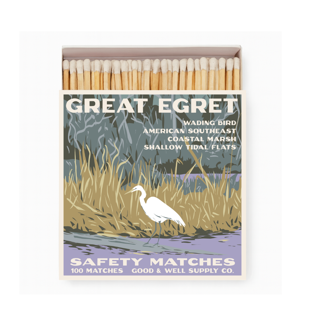 Safety matchbox set with Great Egret illustrated label and bundled wooden matches