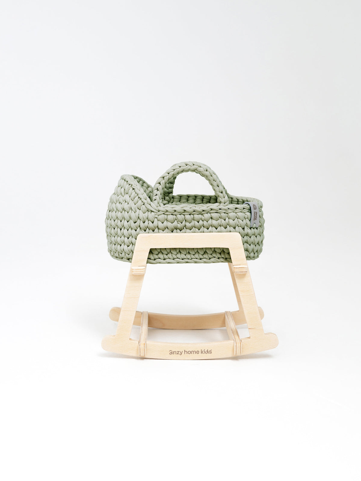 Mini doll moses basket with rocking stand, sage green woven basket with handle
