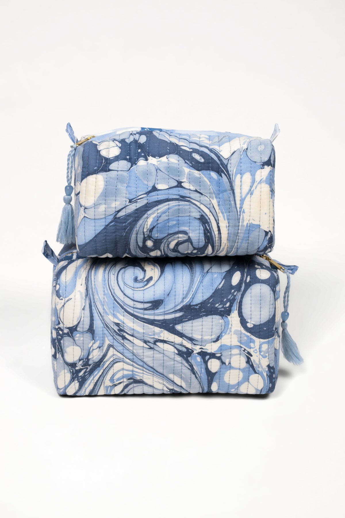 Blue hand-marble cosmetic bag set, two zip pouches with tied tassel ends