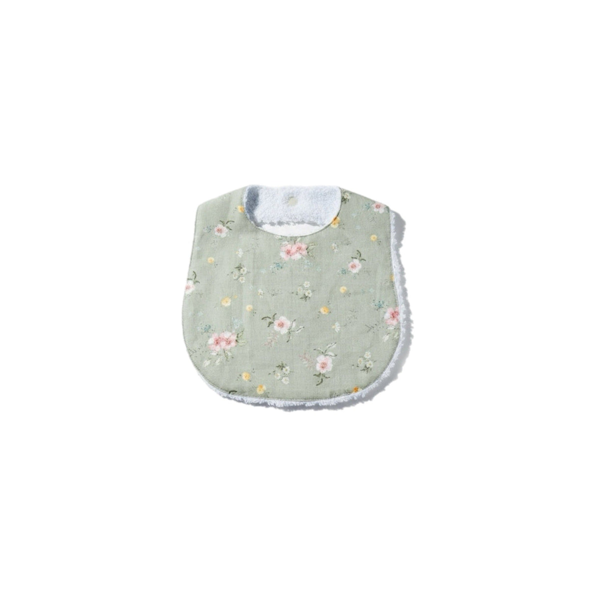 Sage green floral baby bib with light blue inner neck trim and snap closure.