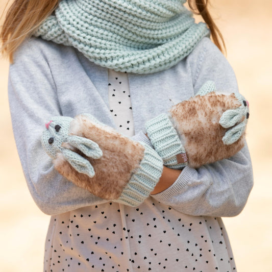 Warm Knit Winter Mittens for Girls Ages 3-12 Years, Double-Layered, Fun Bunny Rabbit Design for Children, Toddler to Big Kids