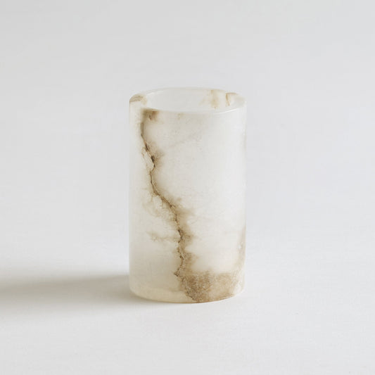 Alabaster tealight holder, cylindrical with natural stone veining