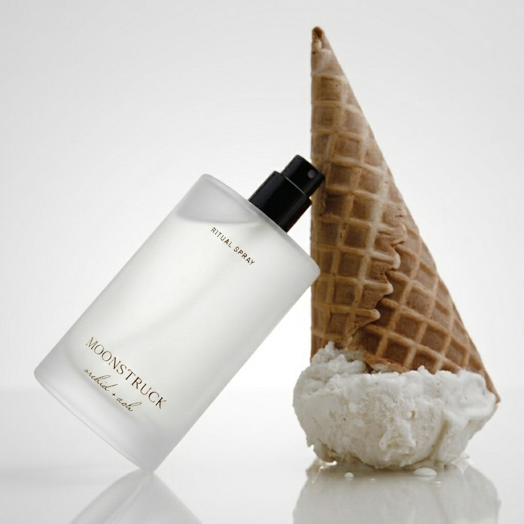 MOONSTRUCK ritual spray bottle with black sprayer, beside vanilla bean and ice cream