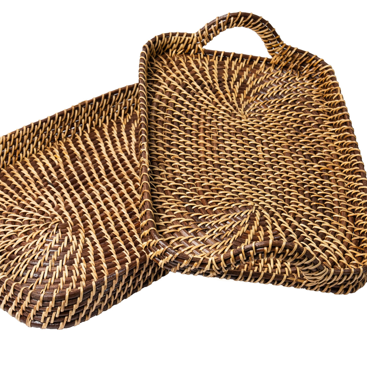 Woven rectangle tray with curved handle and segmented braid detailing