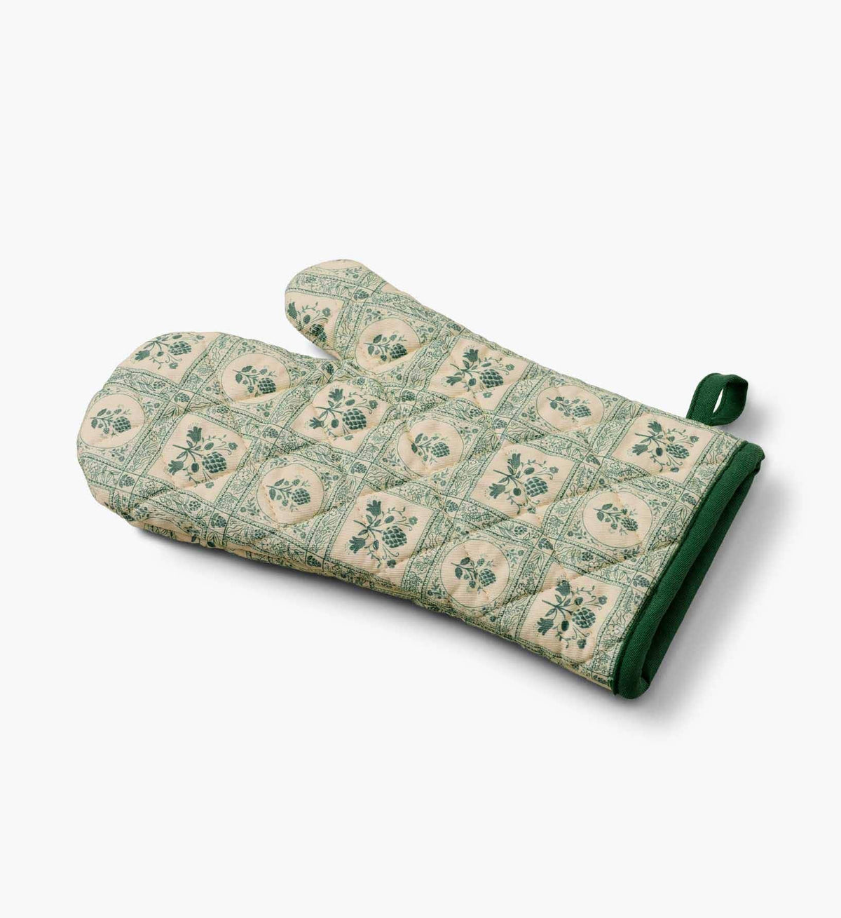 Rifle Paper Co. quilted oven mitt with artichoke pattern, green cuff and backing panel