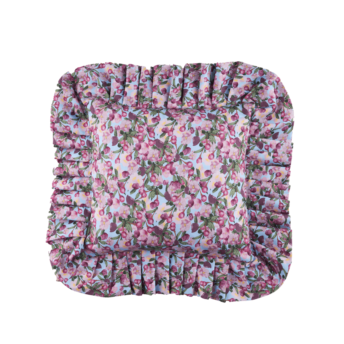 Ruffled floral pillow cover with gathered trim, pink and purple flowers