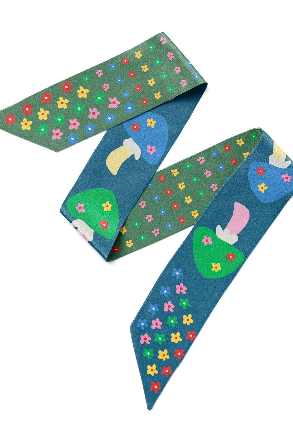 Teal floral mushroom twilly ribbon scarf laid flat, multicolor flower print