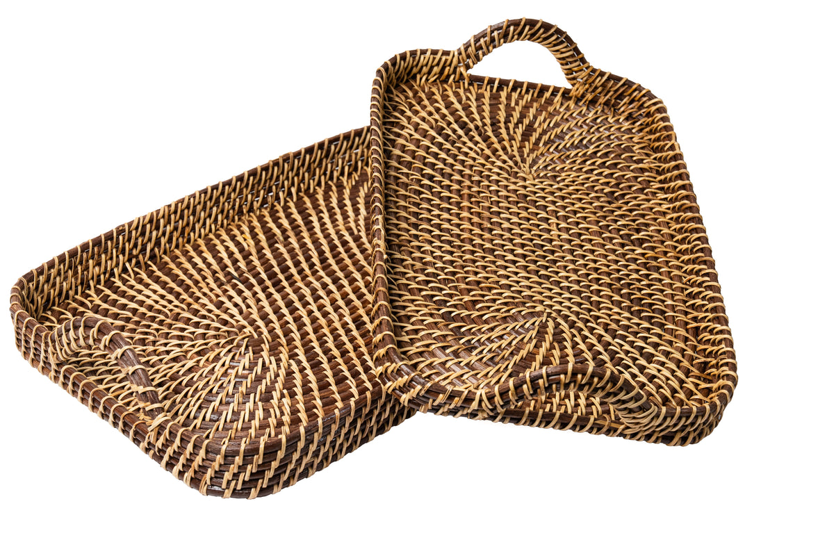 Woven rectangle tray set with built-in handle, natural tan and dark brown weave