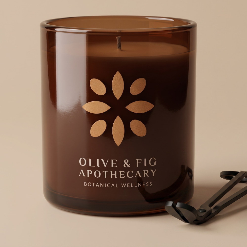 Amber glass jar candle with floral emblem, wood wick, and pair of scissors nearby