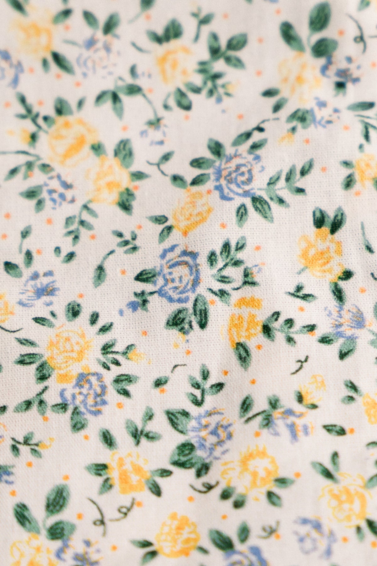 Floral print fabric close-up: cream base with green foliage and blue-yellow blossoms.