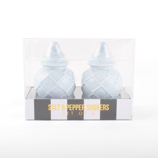 Light blue textured salt and pepper shakers displayed in a clear box labeled set of 2